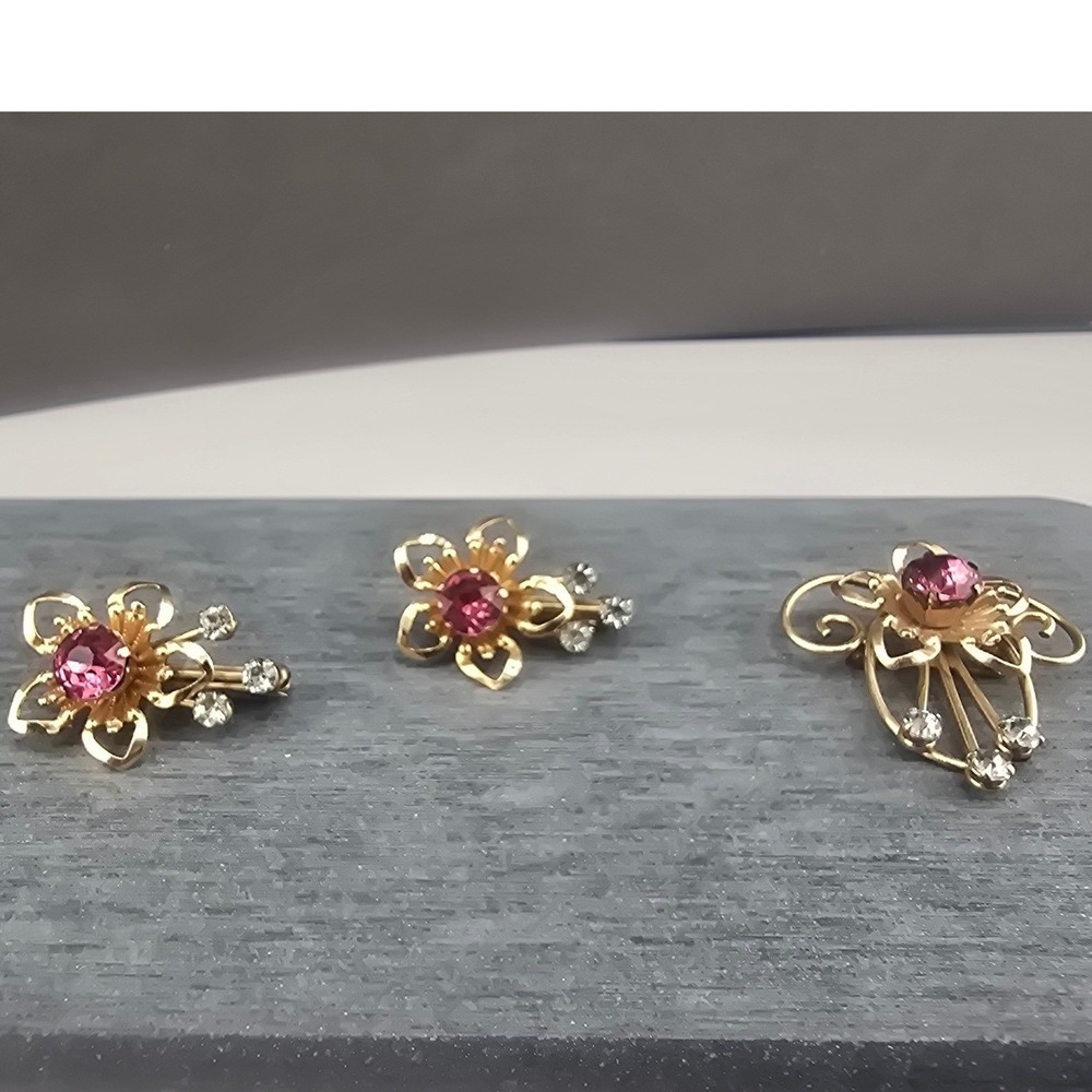 Vintage Van Dell Gold Filled Brooch Lot Pink Floral Spray Rhinestone Estate Pins